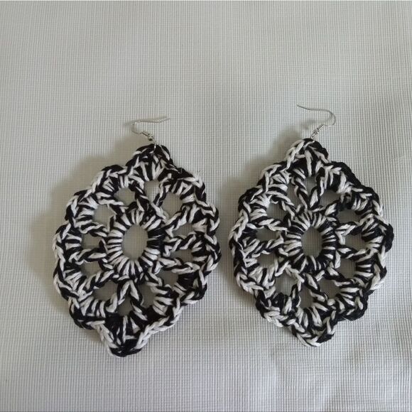 Handmade Black and White Cotton Thread Crochet Oversized Dangle Style Earrings - Picture 3 of 8